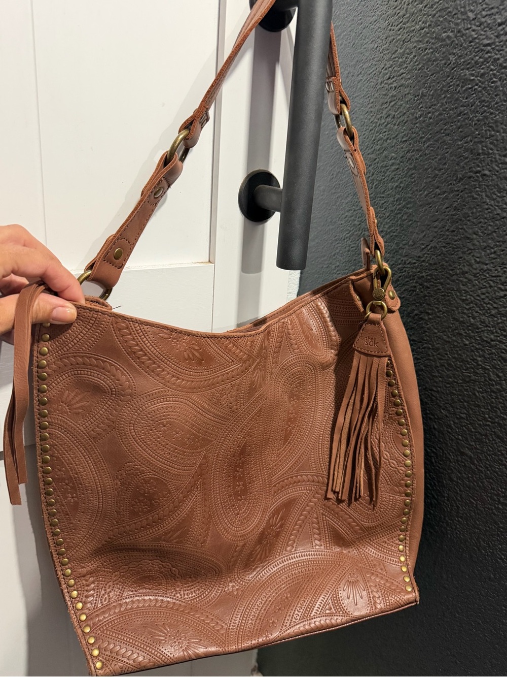 The Sak Brown Embossed Leather Hobo with Tassel
